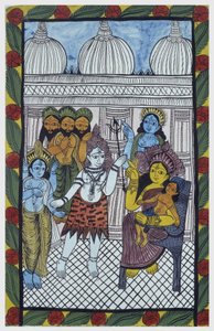 Os deuses vêm para admirar Krishna, encarna no corpo de uma bela criança, Ganesha (Ganesh ou Ganapati) sentada nos joelhos de sua mãe Parvati. Pat: rolo pintado da região de Bengala, servindo como meio narrativo para os cantores Baoul (Baul). Leonard de de School Indian