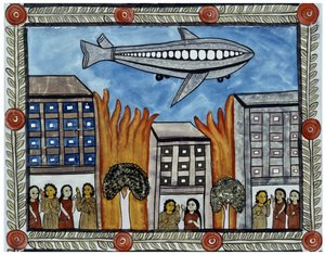A história dos ataques de 11 de Setembro de 2001 contada pelos vendilhões Baul de Bengala. Pintura, série, número 6/9, de Bengala. de School Indian