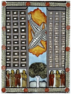 A história dos atentados de 11 de setembro de 2001 contada pelos ambulantes Baul de Bengala, uma ilustração dos aviões que participam do World Trade Center em Nova York. Pintura, série, número 3/9, Bengala. de School Indian