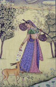 Mulher segurando Rudra Veena e guirlanda de flores Pintura em miniatura, Índia de School Indian