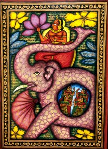 Mulher sentada num elefante e segurando uma flor Pintura em miniatura, Índia de School Indian