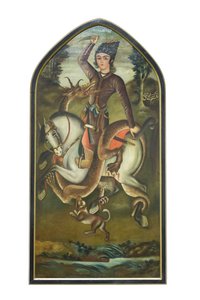 Um príncipe a lutar com um dragão, Mohammad Sadegh (óleo sobre tela) de School Iranian