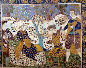 Arte iraniana: detalhe de um azulejo representando um missionário português entre os persas. Coleção americana do século XVII