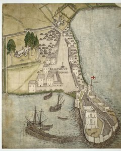 The Castle and Town of Carrickfergus, Irlanda, c.1560 (caneta e tinta e aguarela sobre papel)