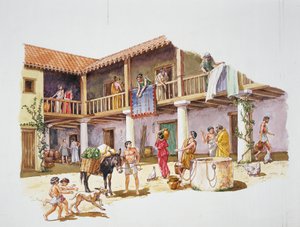 Antiga Atenas - reconstrução de uma casa (cor litho) de School Italian