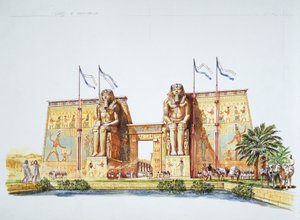 Antigo Tebas - reconstrução das estátuas de Amemhotep III, conhecidas como Colossi de Memnon, na época de Ramsés II (cor litho)