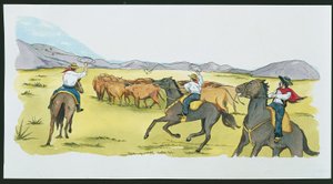 Argentina - gaúchos que recolhem gado nos Pampas (cor litho) de School Italian