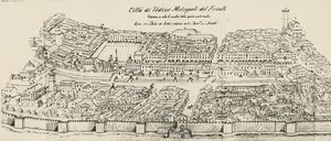 Vista aérea da parte ocidental da cidade de Udine, gravura, Itália de School Italian