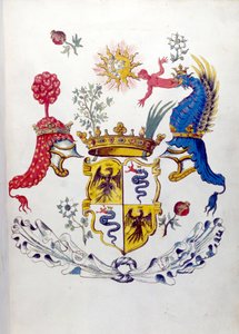 Blazon da família Visconti de Milão, com representação de um dragão a bater numa criança. Arquivo do Estado de Milão
