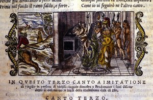 Bradamante conhece a mágica Melisse que lhe diz que ela e Roger (Ruggero, Ruggiero) fundaram a dinastia Este, Cena retirada do poema cavalheiresco "Orlando Furioso" de Ludovico Ariosto (1474 - 1533) dit L