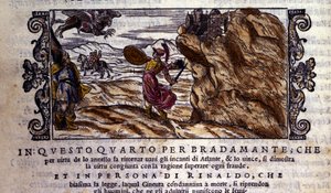 Bradamante rasga Brunel seu anel encantador, graças ao qual ela detesta o poder de Atlante e delivre Roger (Ruggero, Ruggiero), cena do poema do cavaleiro "Orlando Furioso" (O Roland Furioso) de Ludovico Ariosto (1474 - 1533) dit L