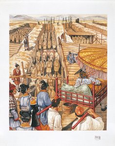 Construção do mausoléu do Imperador Qin Shi Huang-Ti, século III a.C. (cor litho) de School Italian