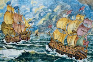 Painel cerâmico representando dois veleiros, produção Vietri sul Mare, Campania, Itália, Detalhe de School Italian