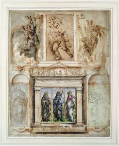 Página de &39;Libro dei Desegni&39; por Georgio Vasari (1511-74) montada e emoldurada após 1524 (ponta de metal no papel) de School Italian