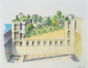 Palácio de Nabucodonosor, Babilónia, com jardins suspensos (cor litho)