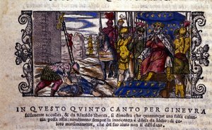 A princesa Ginevra é inocente e a luta entre o caluniador e o cavaleiro desconhecido que veio defender Ginevra é interrompida. cena do poema do cavaleiro "Orlando Furioso" (O Roland Furioso) de Ludovico Ariosto (1474 - 1533) chamado L
