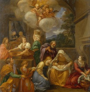 O Nascimento de João Batista (óleo sobre cobre) de School Italian