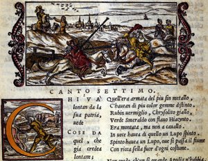 O gigante Eryphila montado em uma luta de lobos Roger (Ruggero, Ruggiero) - Cena do poema cavaleiro de "Orlando Furioso" (O Roland Furioso) de Ludovico Ariosto (1474 - 1533) chamado L