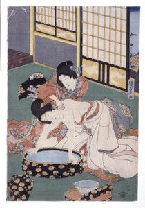 Pó para limpar o pescoço e ombros da mulher (xilogravura colorida) de School Japanese