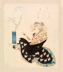 Cortesã a ler um tanzaku (xilogravura a cores) de School Japanese