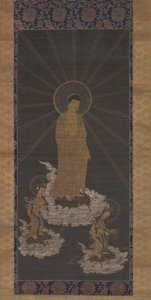 Descendência de Amida, ou Raigo, Muromachi Período c.1333-1568 (tinta sobre tecido) de School Japanese
