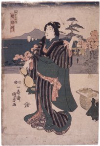 Edo Meisho Uchi: Sumidagawa (Mulher com cabaça) (xilogravura colorida) de School Japanese