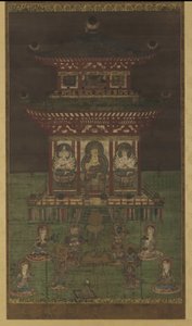 Horokaku Mandara: O Buda e divindades acompanhantes, Período Heian (cor e ouro no painel de seda) de Japanese School