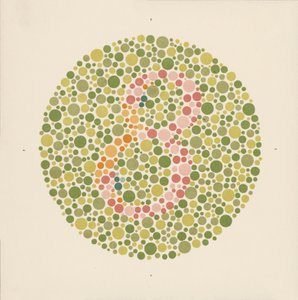 Teste de cor de Ishihara para detetar o daltonismo. (litografia a cores)