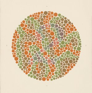 Teste de cor de Ishihara para detetar o daltonismo. (litografia a cores)
