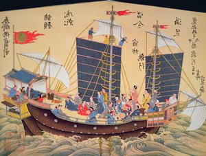 Navio mercante japonês do século XVIII (impressão em bloco de madeira) de School Japanese