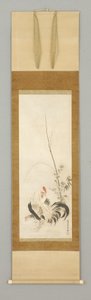 Kakemono, galo e galinha com flores de Japanese School
