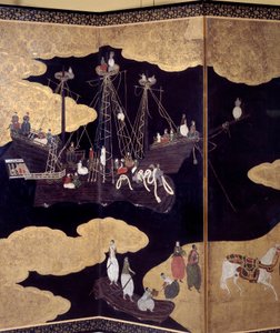 Ecrã "português": uma representação da chegada dos missionários jesuítas portugueses ao Japão, no século XVI. Detalhe. Realizado pela Escola de Kano (?). 1593-1600. Museu de Arte Antiga de Lisboa de Japanese School