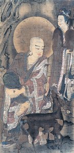 Pintura religiosa representando jovem monge com corça, pintura sobre seda, civilização japonesa, período Heian, 794-1185 de School Japanese