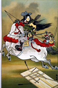 Tomoe, uma corajosa mulher guerreira do Japão durante os períodos Genji e Heishi (cor litho)