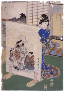 Mulher de pé atrás de Tsuitate c/ Pintura S. "Kunisada" (xilogravura a cores) de School Japanese