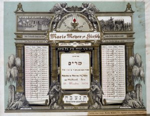Calendário comemorativo dos futuros serviços mortuários de um parente próximo falecido. Pintura Jahrzeit. Museu Judaico da Basiléia, Suíça. de School Jewish