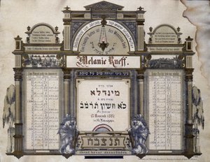 Calendário comemorativo dos futuros serviços mortuários de um parente próximo falecido. Pintura Jahrzeit. Museu Judaico da Basiléia, Suíça. de School Jewish