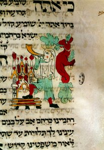 O chamado do schofar (chofar ou shofar ou shofar ou shopharim), um chifre judeu tradicionalmente usado para a oração do manuscrito hebraico. Detalhe. Paris, Biblioteca da Aliança Israelita Universelle