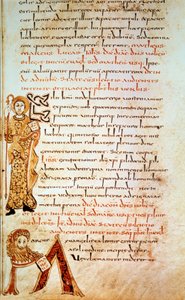 São Mateus; letra M (cabeça do leão de São Marcos). Página em "Sacramentary of Gellone", fólio 42. Iluminado por David, v. 790, França, Meaux ou Cambrai. BN, Paris.