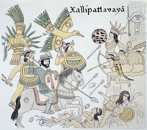 Combate entre espanhóis e astecas na batalha de Xallipatlavaya, ilustração de um fac-símile de uma história ilustrada indígena mexicana "Lienzo de Tlaxcala" de c.1550