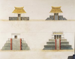 Reconstrução histórica de edifícios em Tenochtitlan (cor litho)