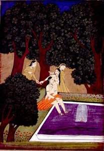 Uma senhora numa piscina, Johnson Album IX, no.16, c.1780 (guache com ouro sobre papel) de School Mughal