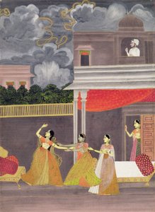 Uma senhora trazida de uma tempestade à noite: ilustração do modo musical Madhu Madhavi, c.1760 (gouache no papel)