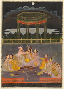 Um príncipe celebrando Holi com mulheres do palácio em um terraço à noite; verso: caligrafia de uma quadra, c. 1760 (aquarela opaca e ouro sobre papel (frente); tinta sobre papel, quatro versos de poesia persa (verso))