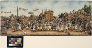 Akbar Shah II monta um elefante em uma enorme procissão, por volta de 1835 (aquarela opaca e ouro sobre marfim)