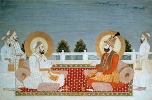 Arte Indiana: "Representação de Mohammed Shah (1702-1748) Imperador Indiano e Nadir Shah (1688-1747), Shah do Irão" Miniatura da Escola Mughole, Muhammad Shah (1526-1858 A.D.), Sun. 0,21x0,31 m - Paris, Musee Guimet, Musee national des Arts Asians - M