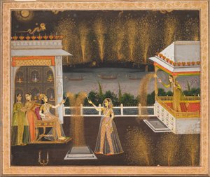 Senhoras a festejar o Diwali, c.1760 (aguarela opaca e ouro sobre papel) de School Mughal
