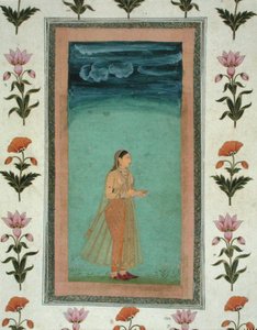 Senhora segurando uma flor, do Pequeno Clive Album (aguarela opaca sobre papel) de School Mughal