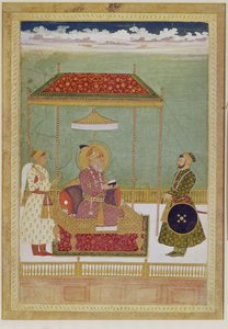 Retrato de Shah Aurangzeb com um homem, possivelmente Ashraf Khan, início do século 18 (aquarela opaca, tinta e ouro sobre papel)