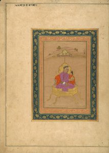 O terceiro imperador mogol Akbar sentado no trono real enquanto segura sua coroa de School Mughal